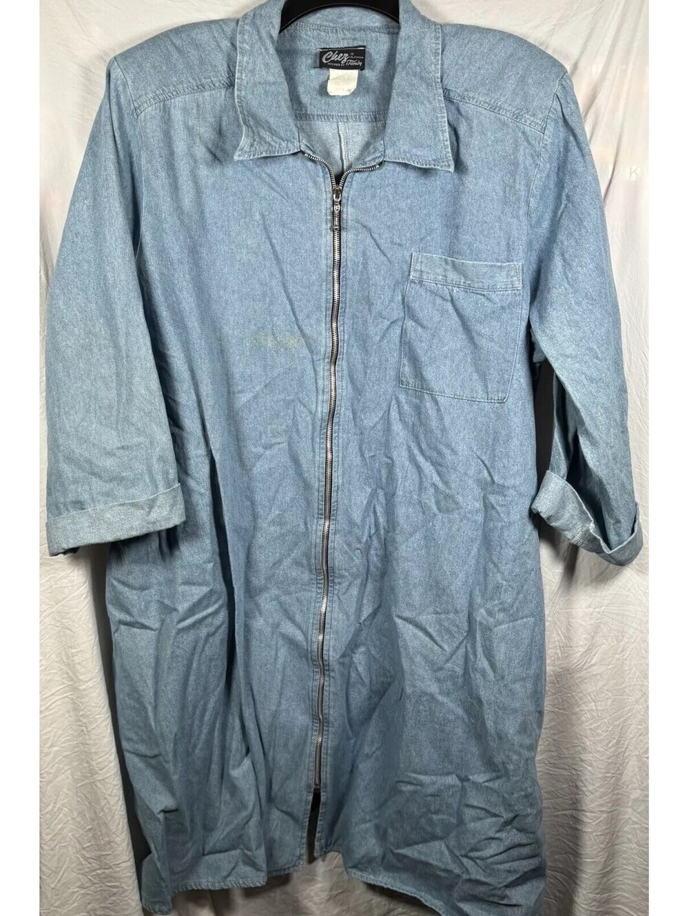 VTG. Chez Designed by Tandy Lt Blue Denim Top Size 28W Zip Up Made in USA
